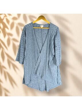 LulaRoe Top Women L Large Blue Open Front 3/4 Sleeve Stretch Casual Solid